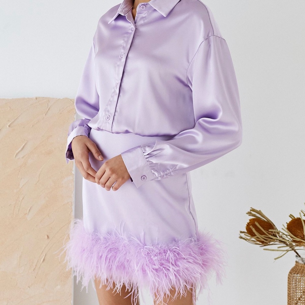 ETHEREAL FEATHER LONG SLEEVE SATIN DRESS IN PURPLE